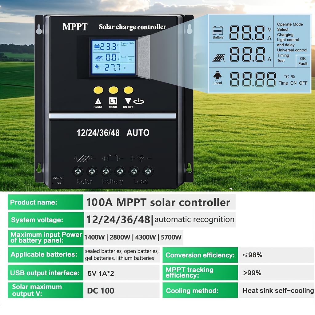 100A MPPT Solar Charge Controller with LCD Display, Used for 12V/24/36/48 Batteries, Auto Tracking, Compatible with Lead-acid Batteries