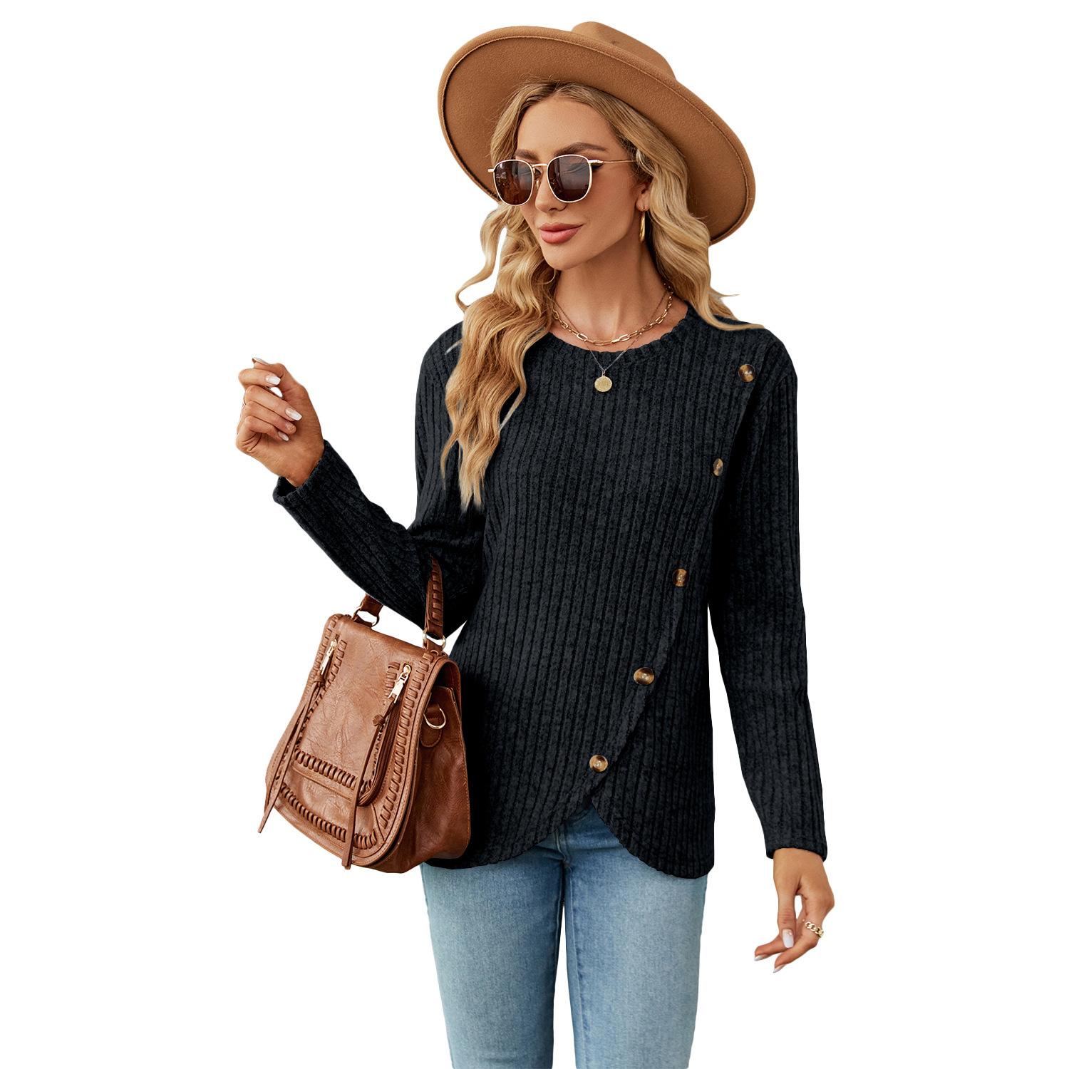 

Autumn-winter Women s Blouse, Knitwear, Long-sleeved Shirt with A Round Neck, Tulip Hem S