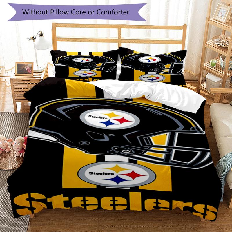 Steelers Helmet Design Bed Bedding Set 1 Duvet Cover + 2 Pillowcases Soft Breathable Household Bed Linens