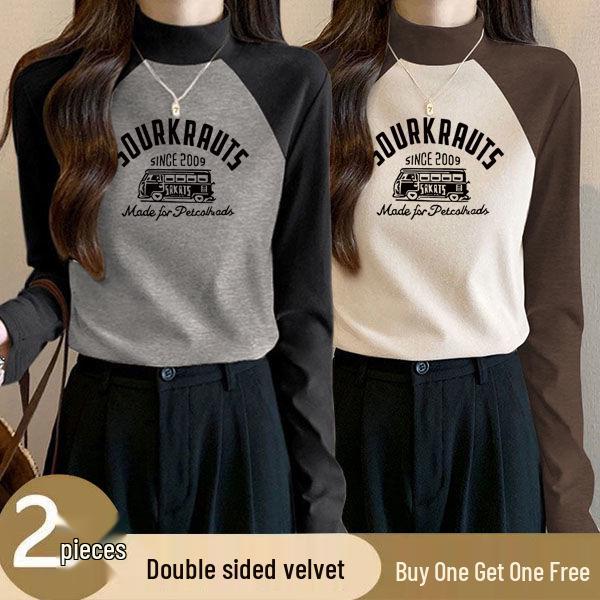 

Women s German Velvet Color Block Semi-High Neck Two-Piece Slim Fit Shirt – Warm, Elastic, Winter Base Layer L (105-115 lbs) серый/чёрный