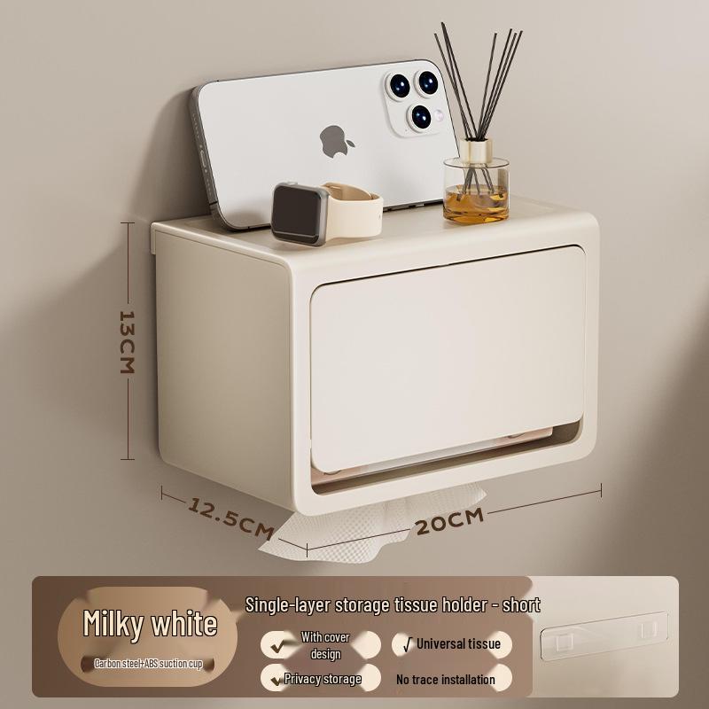 Cutie de șervețele și raft de depozitare montat pe perete fără găuri | Suport pentru rolă de toaletă și dispenser de baie