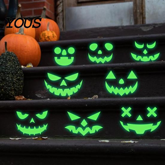 Pumpkin Glow Decal for Walls 2Pcs Halloween Glow-in-the-Dark Wall Stickers, & Ghost Face Decals Indoor Ceiling Door Decor, Light Up