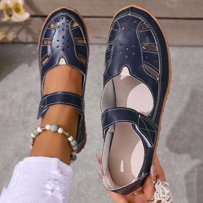 Women's Plus Size Closed Toe Roman Sandals, breathable hollow out flat design with comfy soft fit for daily casual walking wear