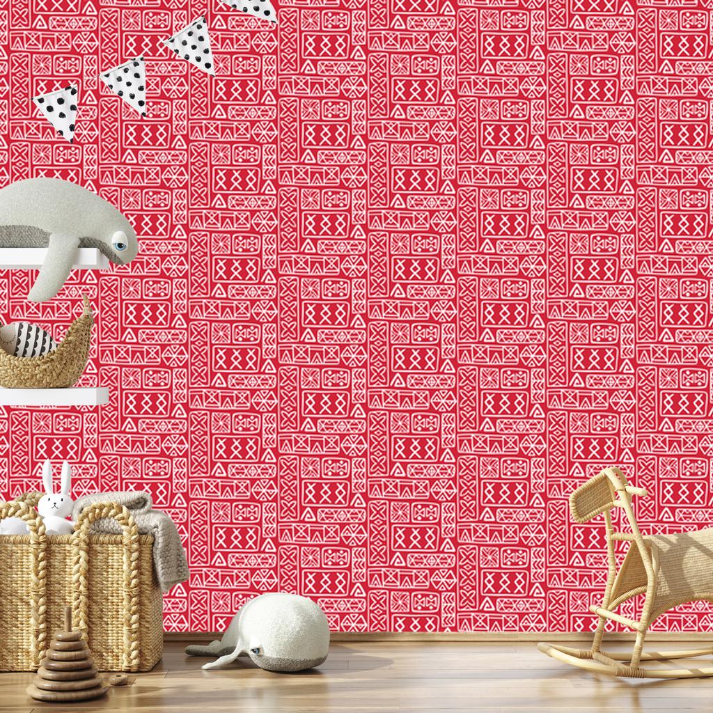 Polynesian Geometric Pattern Wallpaper Coral and Red 50x1000