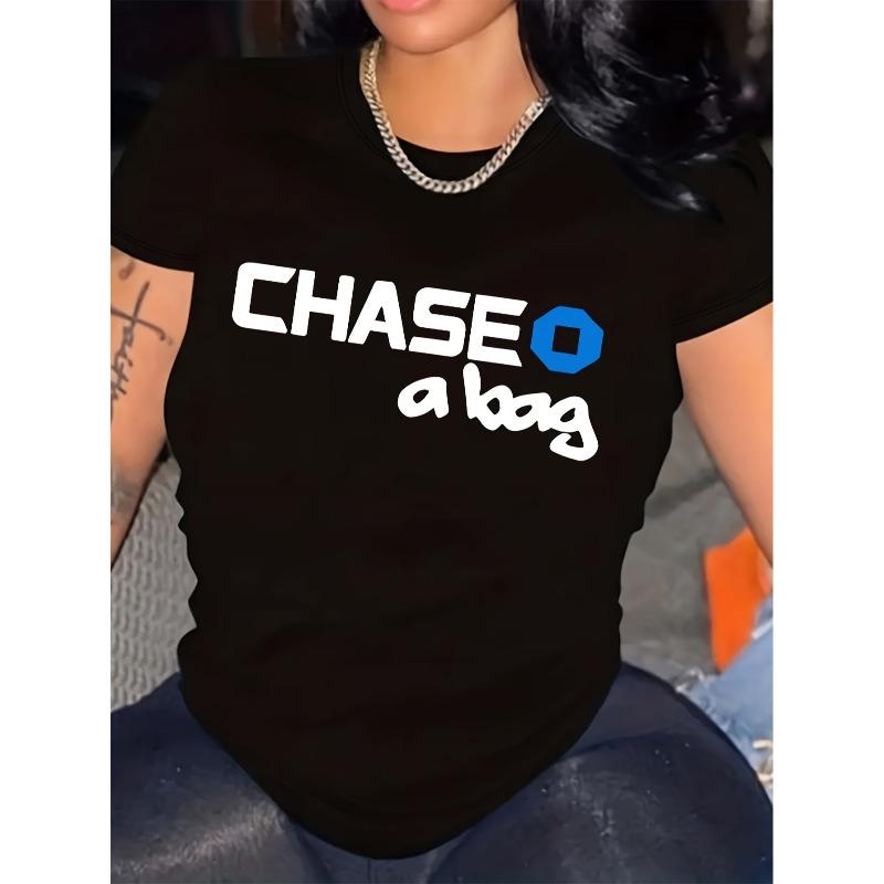 

Women s Plus Size Chase A Bag Graphic T-Shirt Casual Crew Neck Short Sleeve Summer Top S чёрный
