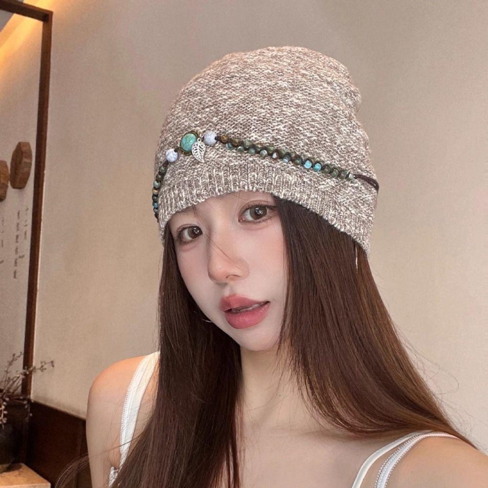 Ethnic Style Bohemian Beanies Hat Coldproof Jacquard Woolen Hat Fashion Beaded Fringed Cap  Female