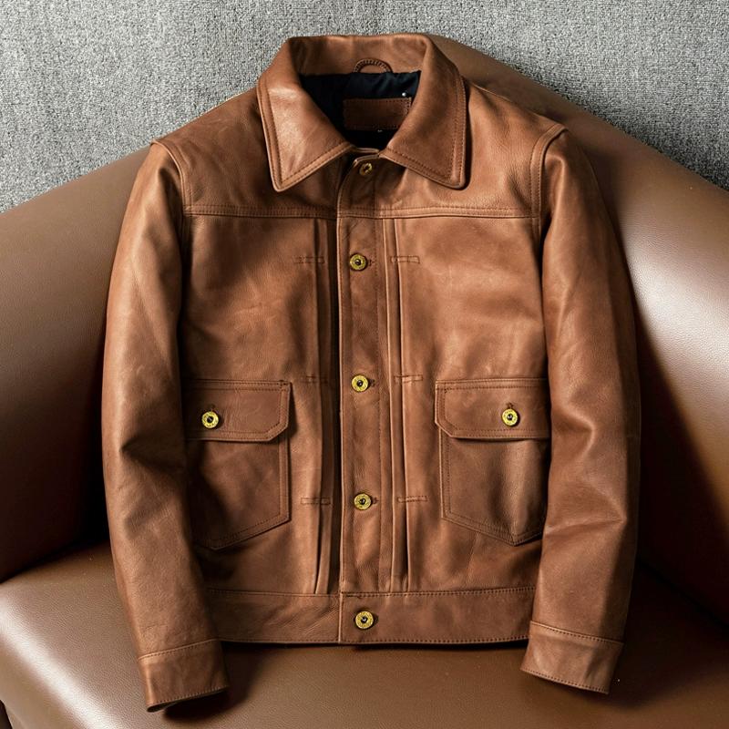 

Куртка из натуральной кожи мужская из настоящей коровьей кожи приталенного кроя короткое джинсовое пальто с лацканами для молодежи 5XL