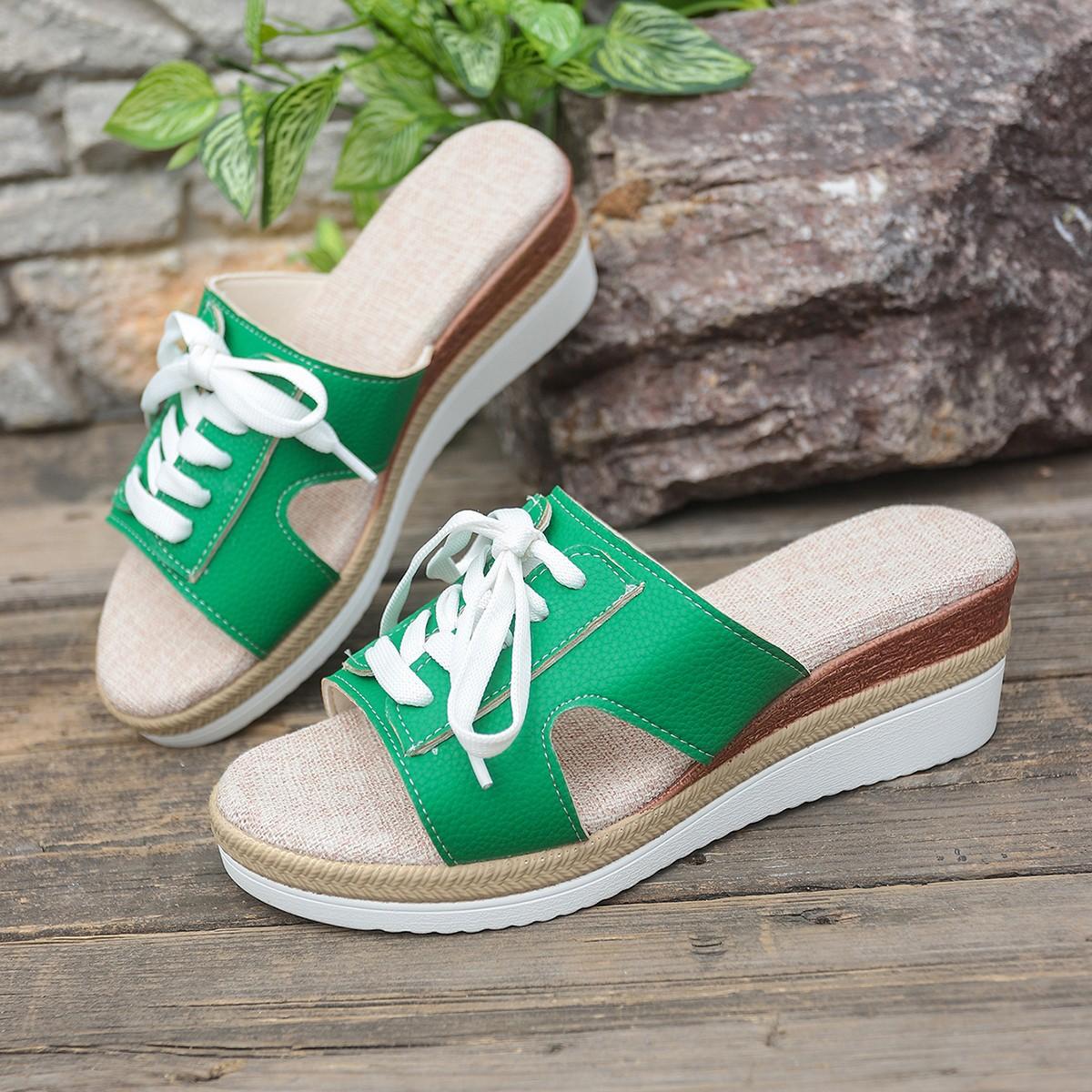 

Foreign trade large size woven one-word lace-up slippers women s European and American new flat-heeled Roman sandals platform beach shoes 42 зелёный