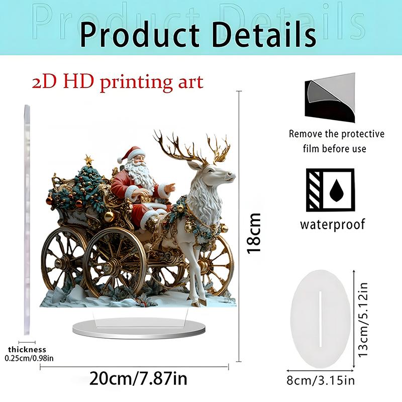 Christmas Reindeer Sleigh Santa Figurine 2D Acrylic Christmas Santa Claus On Sleigh With Reindeers Decorations Holiday Santa