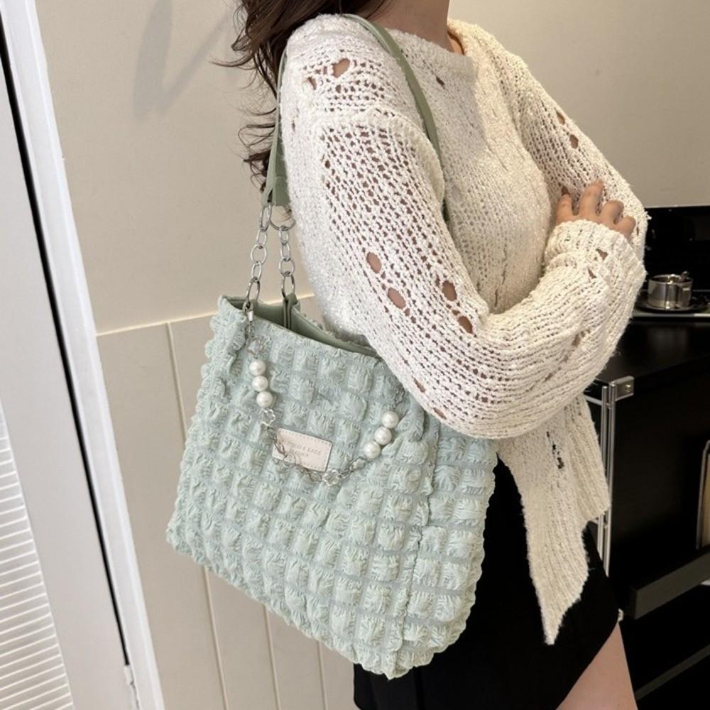 Korean Style Plaid Handbag Beaded Bubble Cloud Bag Fashion Pleated Tote Bag  Girls