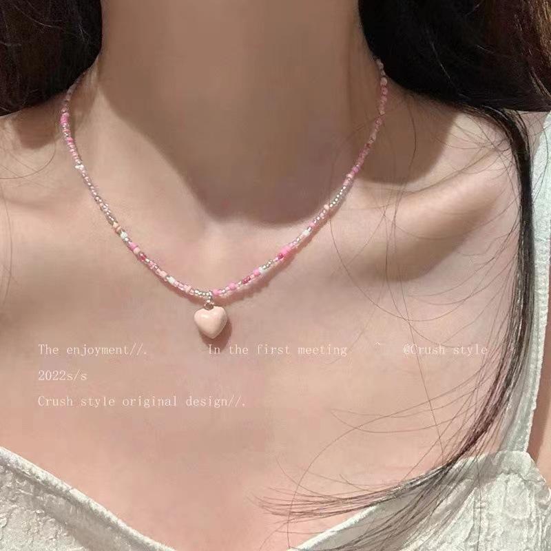 New Versatile Mori Candy Color Love Rice Bead Necklace Beaded Girl Sweet Temperament Clavicle Chain Woman