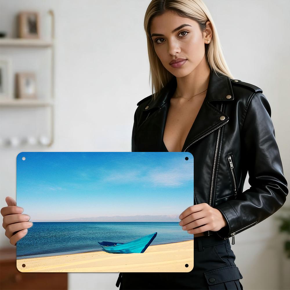 HD Metal Tin Sign Serene Coastal Landscape Portrait of Turquoise Boat On Sandy Beach with Clear Blue Sky Minimalist Ocean Art Wa
