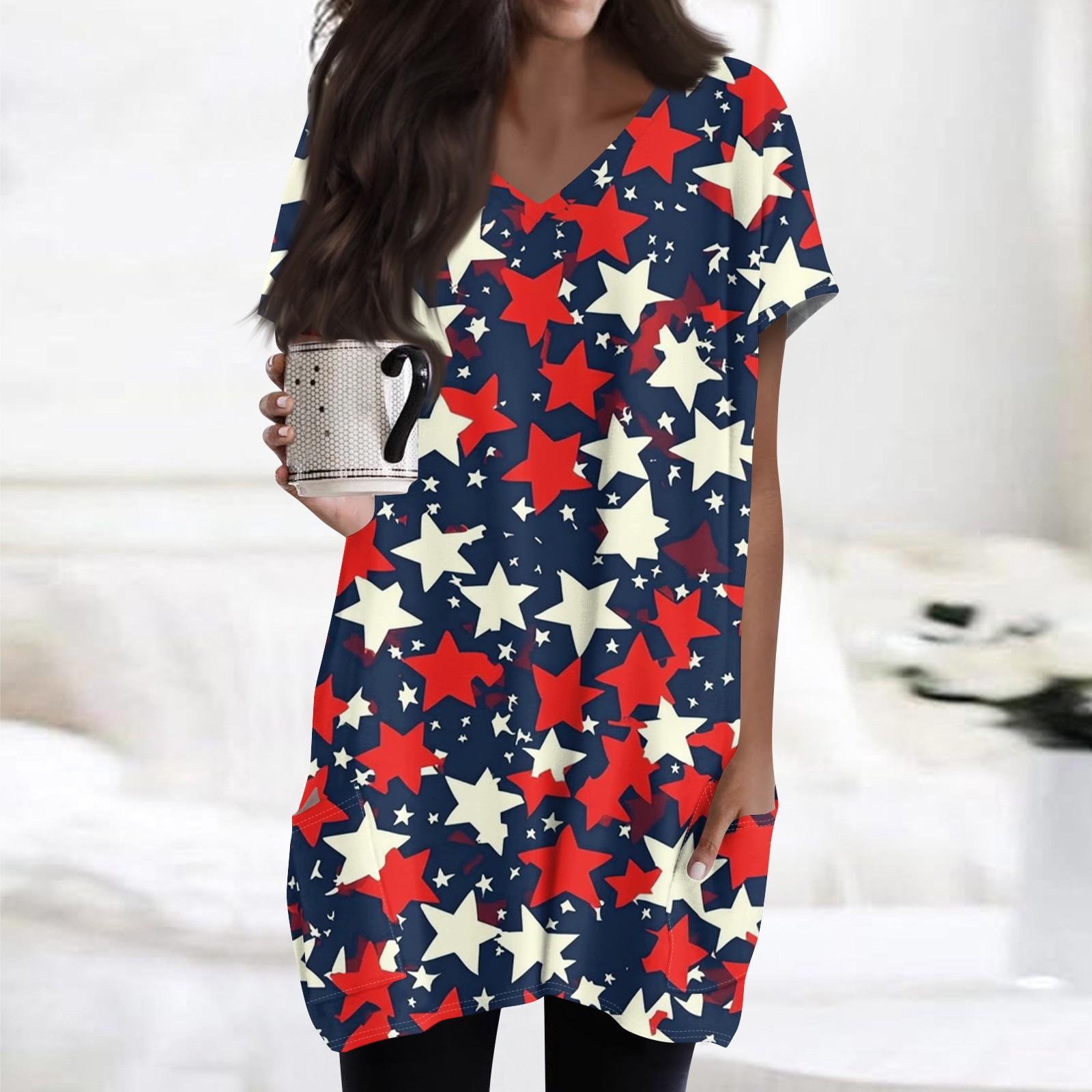 Women s Independence Day Flag Print V-Neck Midi Pocket Short Sleeve Top XXL красный