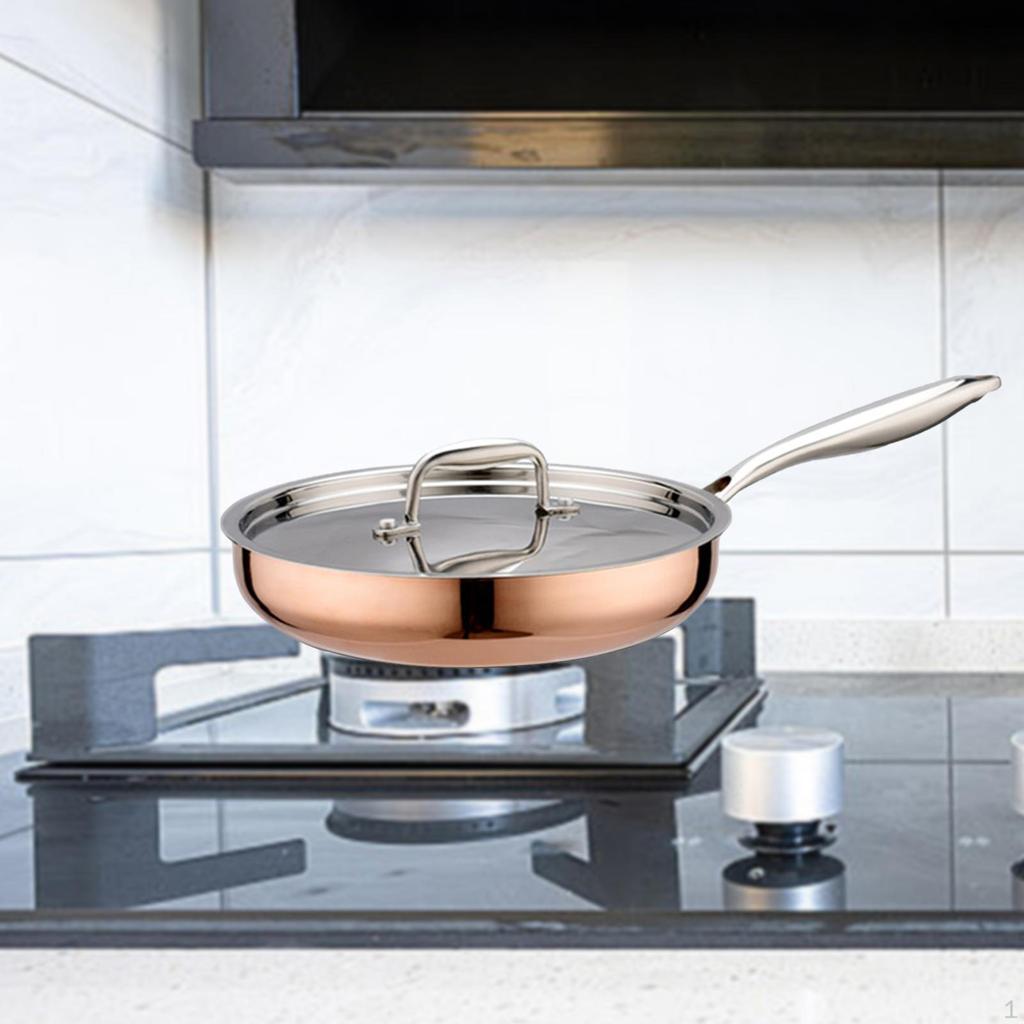 Stainless Steel Frying Pan Cooking Kitchen Ergonomic Handle Saute with Lid Deep