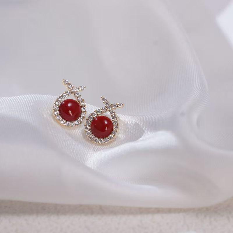 Red Pearl Rhinestone French Slimming Earrings - Women s Elegant High-End Luxury Fashion Accessories