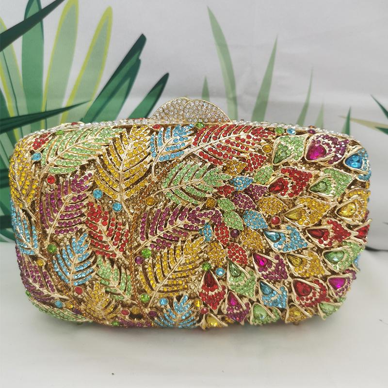 

Gold Metal Clutch Green Rhinestone Evening Bag Clutches Crystal Bag Peacock Tail Diamond Women s Champagne Purses Wedding Bags 19.5cmX12cmX7cm