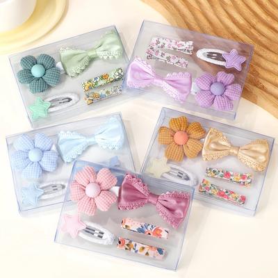 5 Stück/Set Mädchen Haarspangen Frisch Stoff BB Haar Pony Haarspange Blume Spitze Schleifen Haarklammern Dopaminfarbenes Haarschmuck