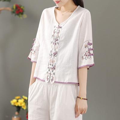 Summer Women's Clothing Shirts Blouse Vintage Casual Camisas Woman Blouses Cotton Linen V-Neck Embroidery