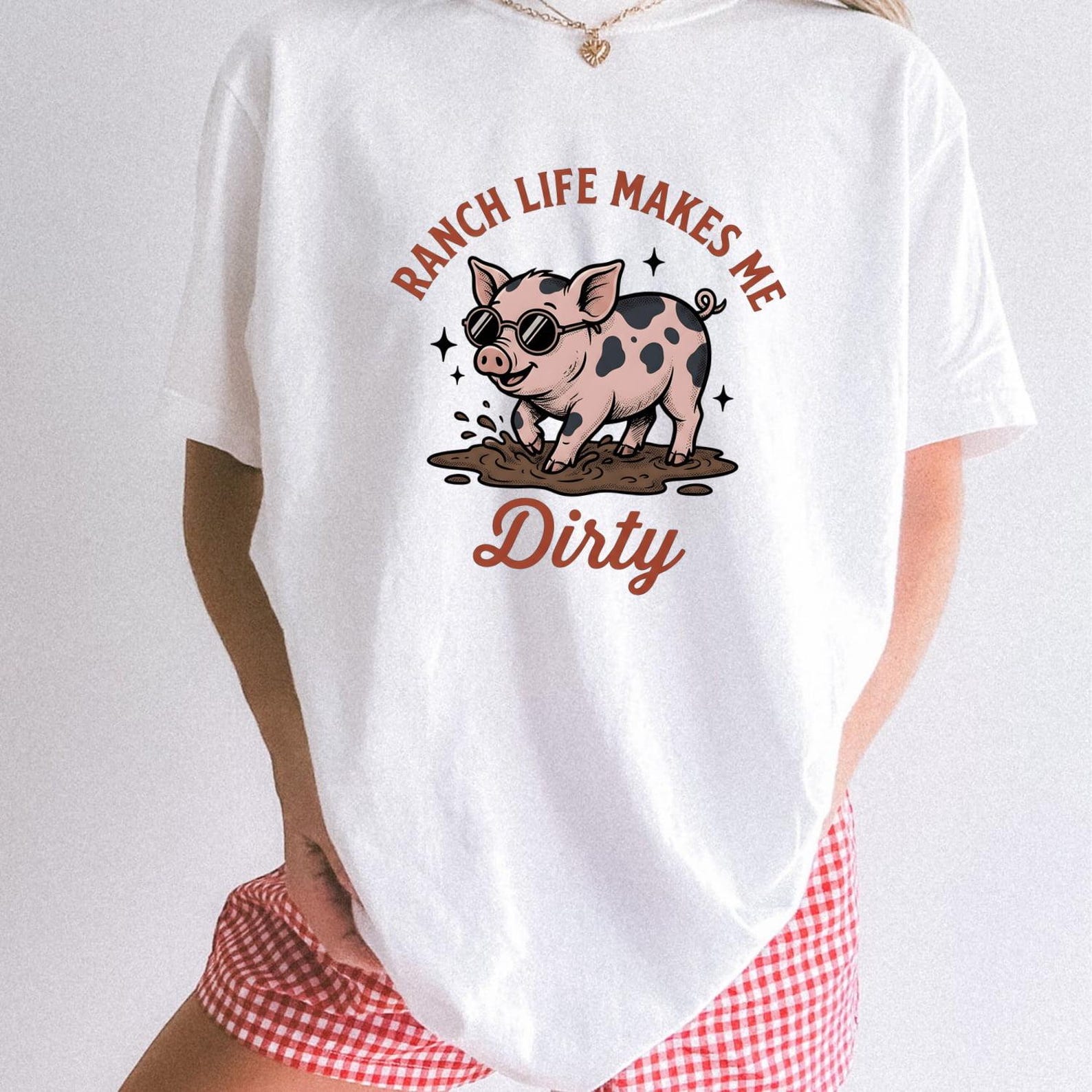 Comfort Colors 1717  Ranch Life  T-Shirt, Funny Cartoon Pig With Glasses in The Mud Tee, Barnyard Humor Top M