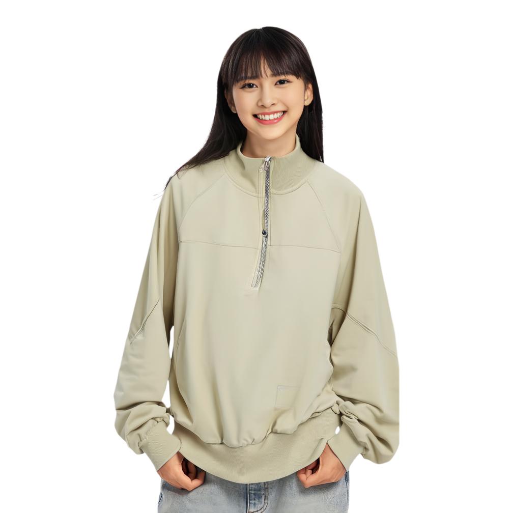 Li-Ning Hot Sweat Series Solid Color Stand Collar Short Casual Sweatshirt Women Sweatshirt Foam-Khaki AWDT504-3