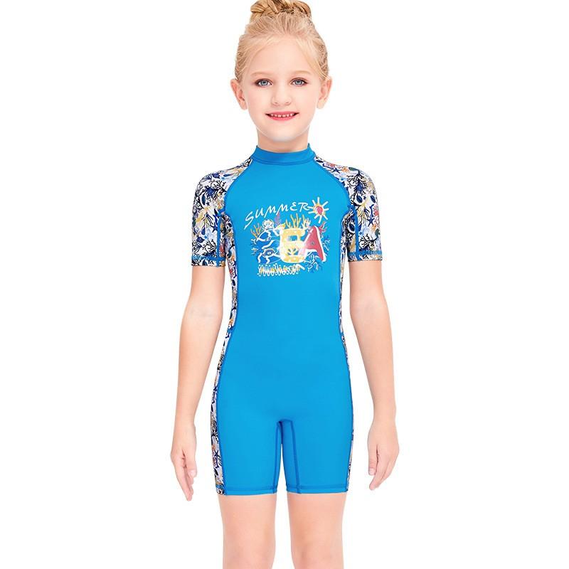 Children's Swimming Clothes Girls Sunscreen Quick-drying One-piece Short-sleeved Swimsuit Children Baby Hot