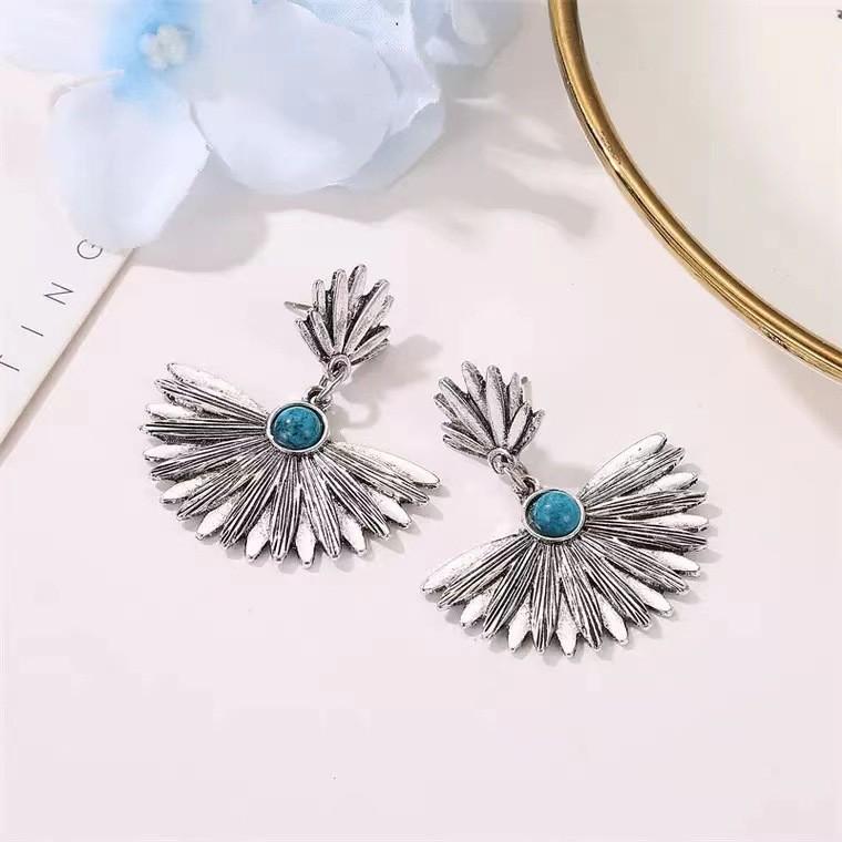 Retro Ethnic Turquoise Leaf Fan-Shaped Drop Earrings