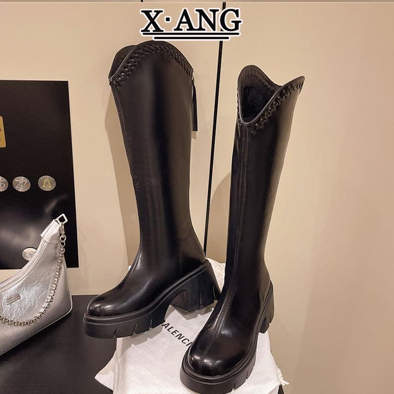 Cowhide version, brown boots for women, thin but knee boots, thick-soled heightening, small knight boots, thick-heeled high boots.