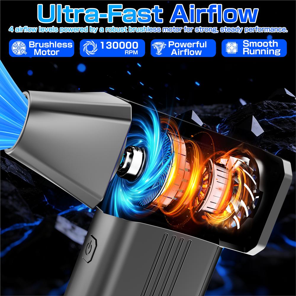 Type-C Charging Portable Car Snow Blowing and Cleaning Tool, 4-speed 130000RPM Electric Air Dust Collector, Turbine Fan Locomotive Accessories