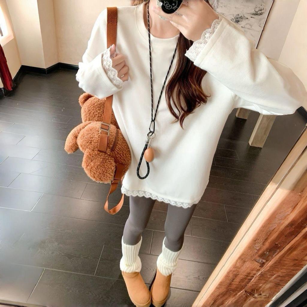 Korean Style Double-Faced Fleece Lace Trim Long Sleeve T-Shirt - Plus Size Autumn/Winter Loose Top