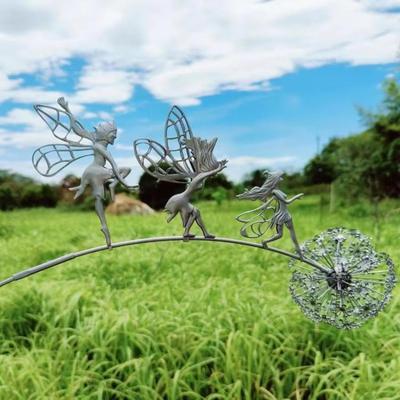 Metal Garden Yard Art Decor Lawn Landscape Sculpture Pixies Decoration Garden Decorative Fairies and Dandelions Dance Together