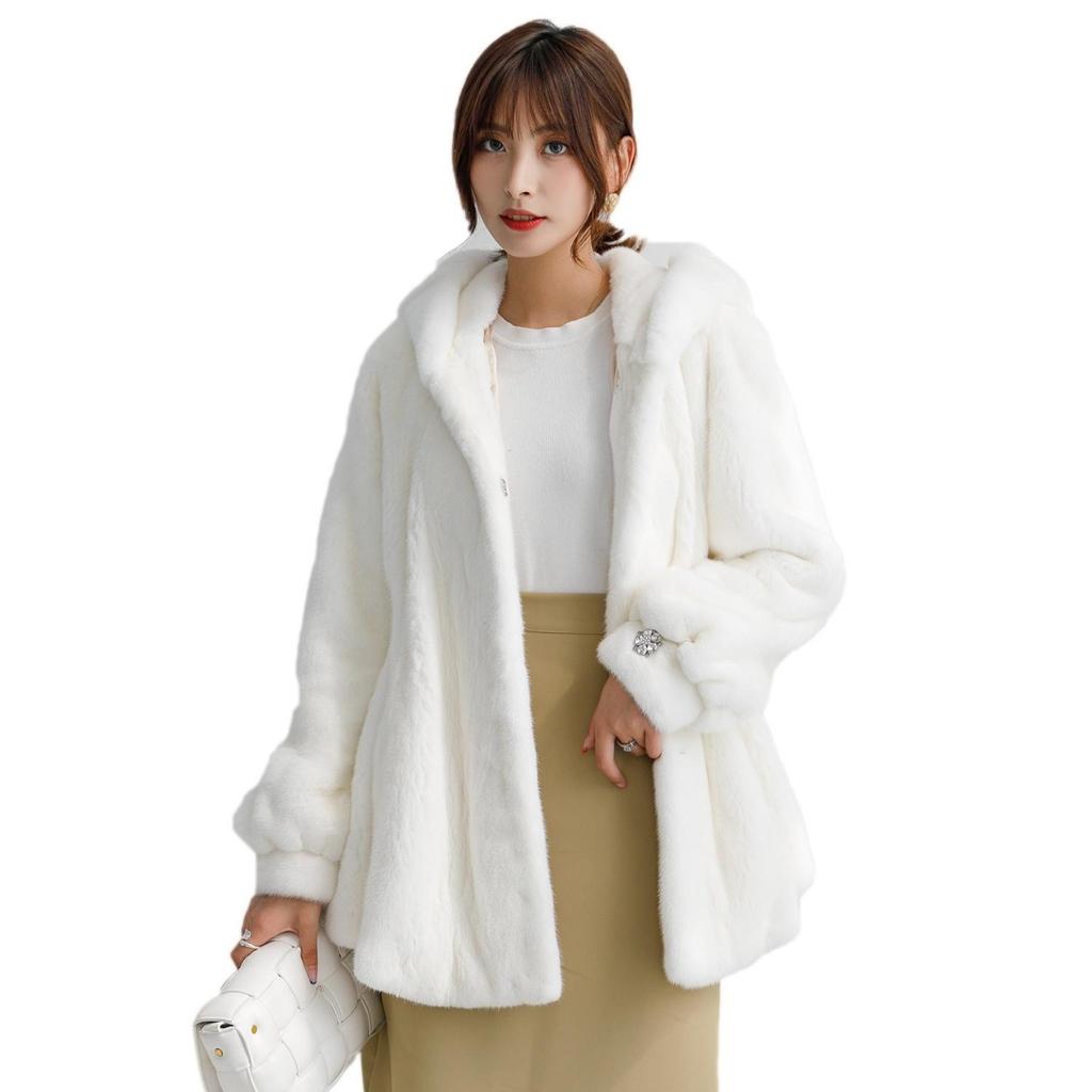 New Mink Coat Women's Velvet Whole Mink Hooded Mid Length Mink Faux Fur Coat