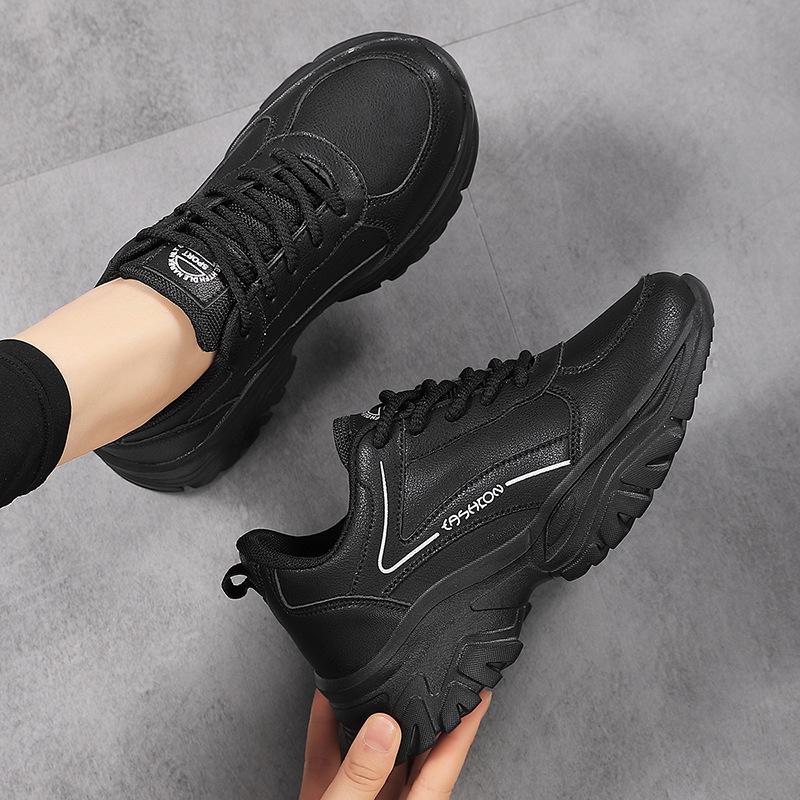 Zwarte Waterdichte Leren Sneakers voor Dames - Dikke Zool, Lichtgewicht, Antislip Casual Reisschoenen