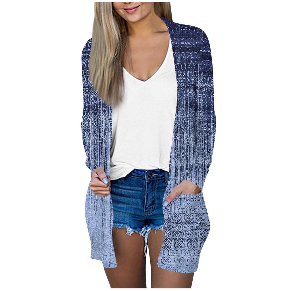 Damenpullover, Langarm-Strickjacke für Damen, leichter Mantel, lässiger, bedruckter Oberteilpullover für den Herbst mit Taschen