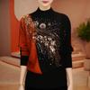 Autumn Winter Women's Half Turtleneck Fleece Blouse Rhinestones Loose Printed Base Shirt
