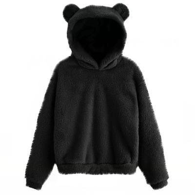 [PZUYBZQ] Bear Ear Hoodie for Women and Teen Girls, Fluffy Fleece Pullover, Warm Sherpa Lining, Cute Hooded Sweatshirt for Fall and Winter (Black, Sma