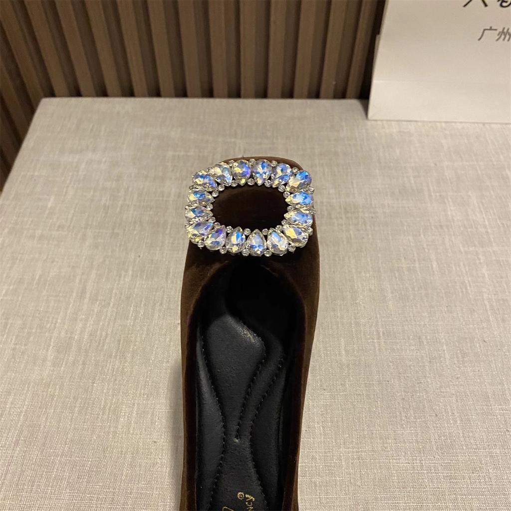 Fashion Flat Shoes for Women Spring and Autumn of 2025 New Suede Diamond Square Toe French Shallow Mouth Flat Shoes Plus Size 43 44