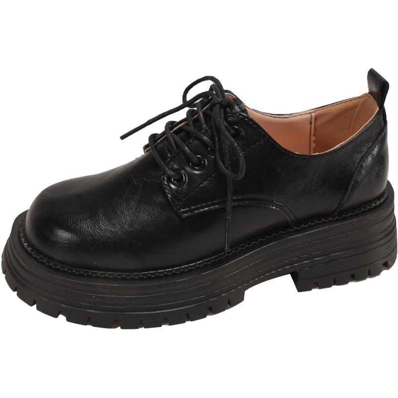 British style platform thick heel single shoes women's retro imitation leather fashion versatile lace-up round head jk small leather shoes