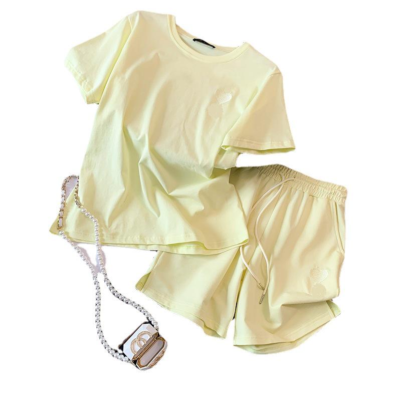 2025 Summer Yellow Peach Heart Embroidered Slit Shorts & Top Women's Leisure Sports Set