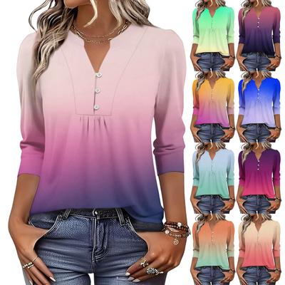 Modisches lässiges Damen-T-Shirt-Top mit Farbblock-Gradienten-Print, V-Ausschnitt, Knopfleiste und Dreiviertelärmeln