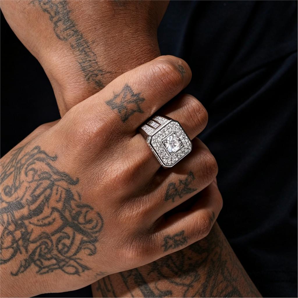 Factory 925 Silver Wide Band Hip Hop Full Moissanite Ring Iced Out Cuban Style Street Rapper Statement Jewelry