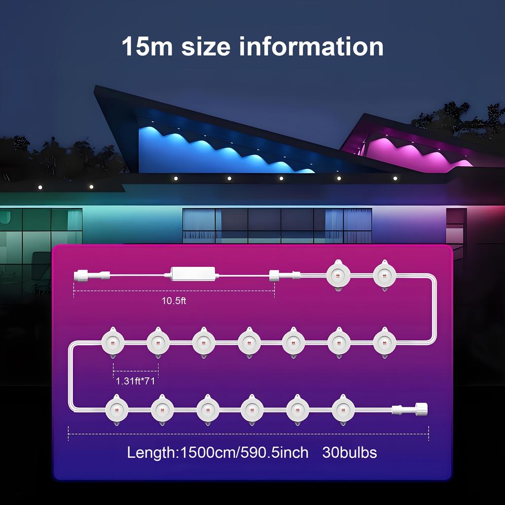 Regenbogenfarbene Dachtraufenlichter - Intelligente kabellose APP-Steuerung, permanente RGB-IC-Lichterketten für den Außenbereich - Perfekt für Dekoration, Weihnachten, Partys,