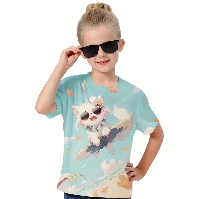 Letní tričko s kulatým výstřihem a 3D potiskem kočky, módní a ležérní dětské dívčí tričko s krátkým rukávem