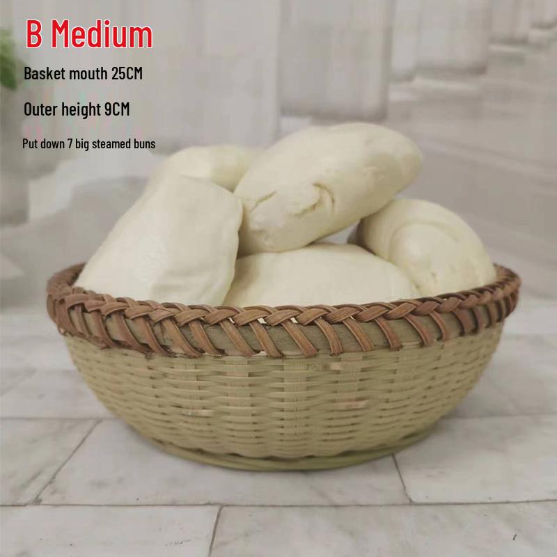Large Bamboo Rattan High-Foot Steamed Bun & Snack Basket - Finely Woven, Multi-Purpose Household Kitchen Fruit & Vegetable Wash Basket, Round Design