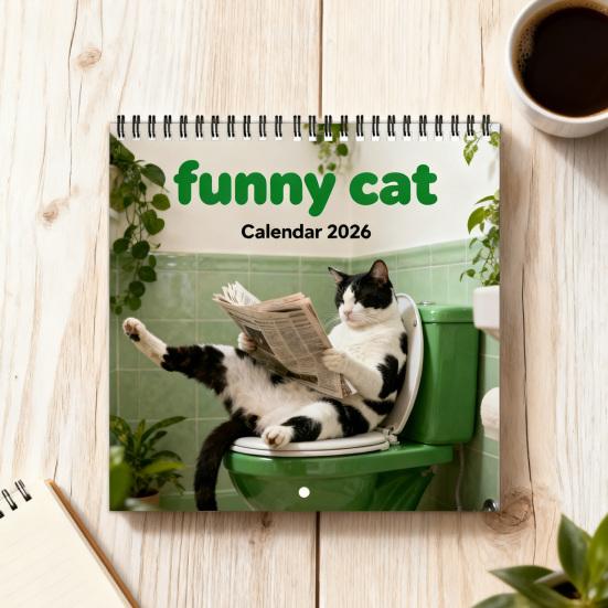 2026 Lustiger Katzenkalender 12-Monats-Wandkalender Urkomische Katzen auf der Toilette Zeitung lesend Geschenk für Katzenliebhaber zur Dekoration von Zuhause und Büro