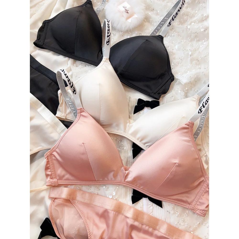 Ice Silk Comfort Underwear Set Women Sexy Deep V Push Up Bra Set Shoulder Strap Letters Adjustable Brassiere and Lace Panties