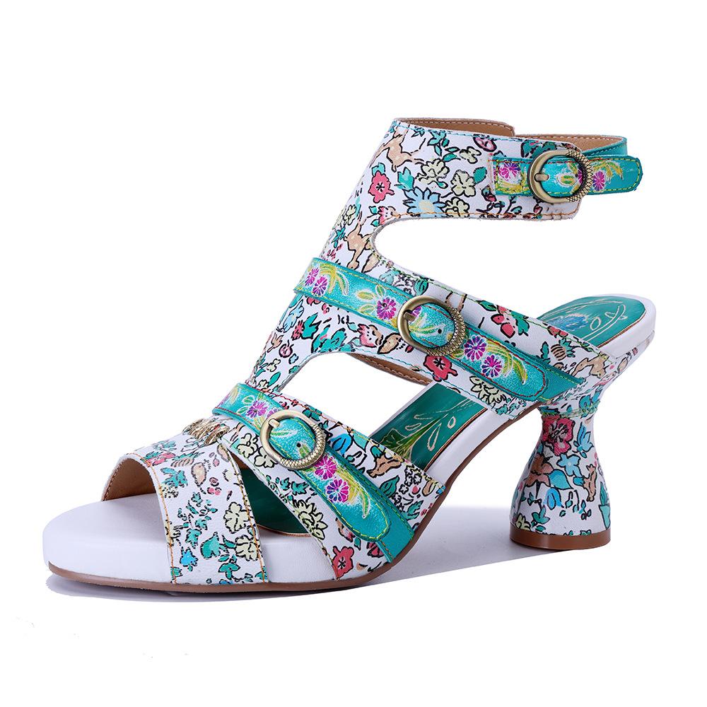 

Johnature Сандалии из натуральной кожи с принтом и открытым носком, ручной работы, модные женские туфли на высоком каблуке 40 разноцветный