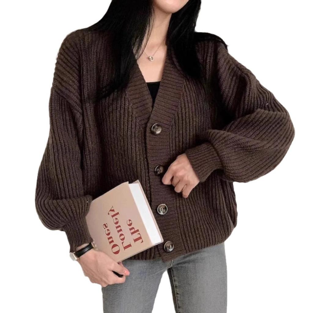 Autumn and winter new versatile sweater jacket women's style casual loose lazy lantern sleeve V-neck knitted cardigan