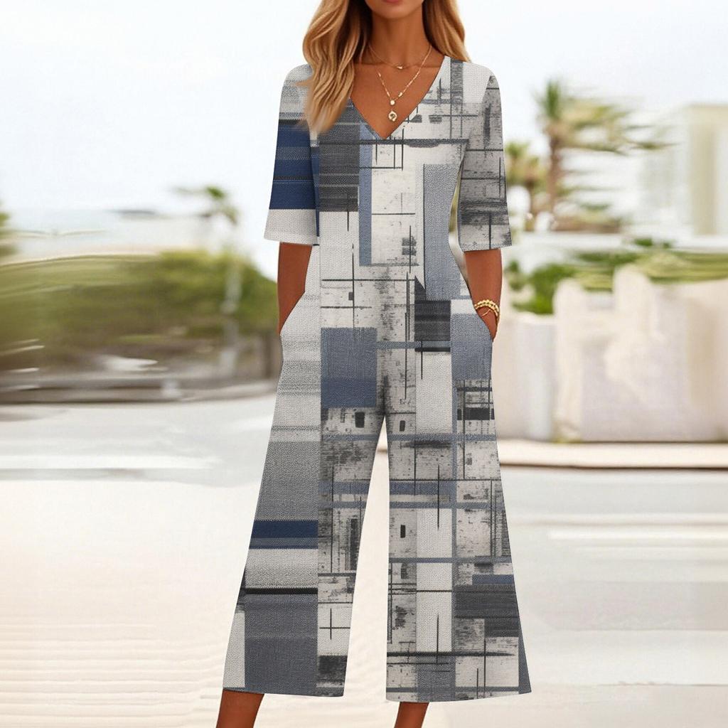 Salopetă largă casual cu gât în V pentru femei, cu imprimeu, salopetă slim fit cu picior lat, salopetă cu picior lat