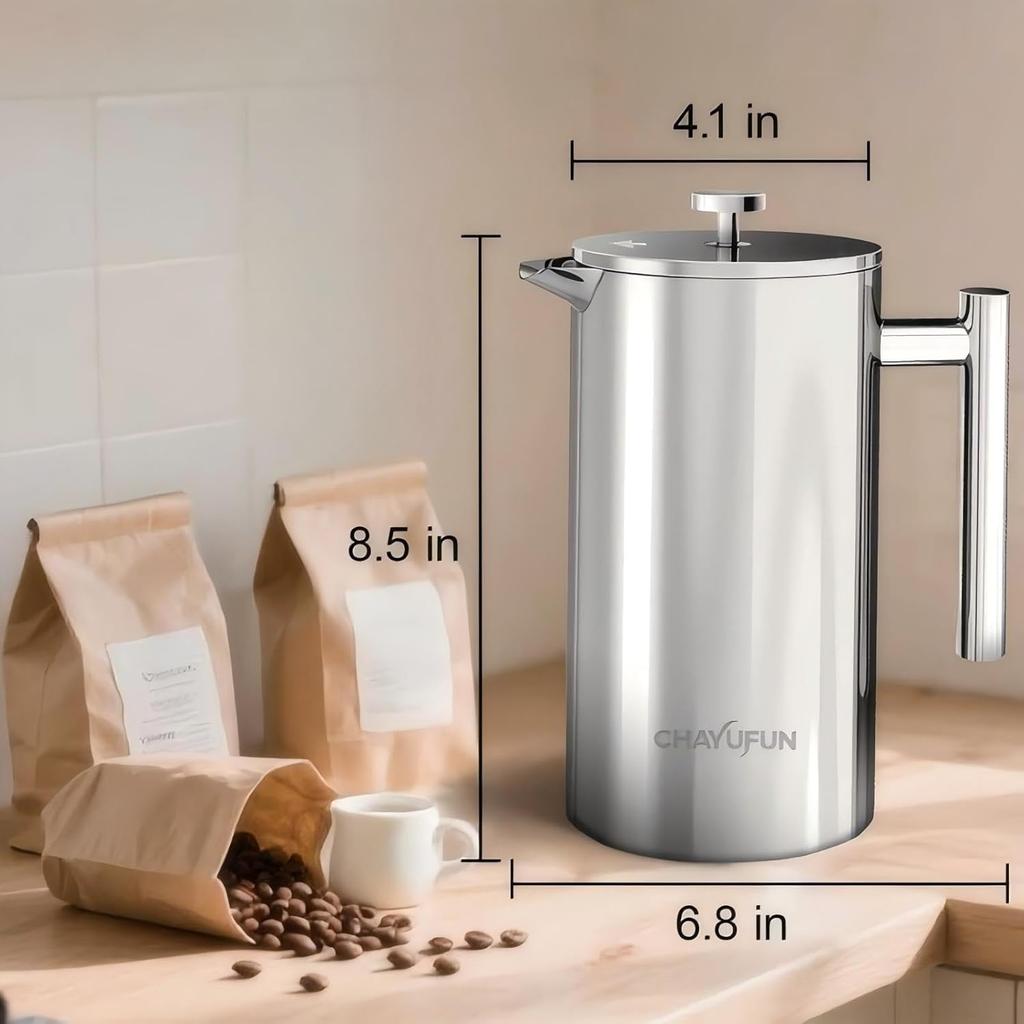 Premium Stainless Steel French Press Coffee Maker (5 Pack Filter)- 34oz/1L Thermal Insulated, 304 Rust-Proof Metal Press - Heat-Resistant Ergonomic
