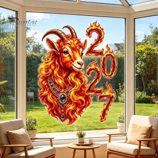 Festival Atmosphere Glass Stickers Chinese New Year Window Stickers, 2027 Goat Static Clings, Non Adhesive Decor Reusable Lunar Xmas for Home